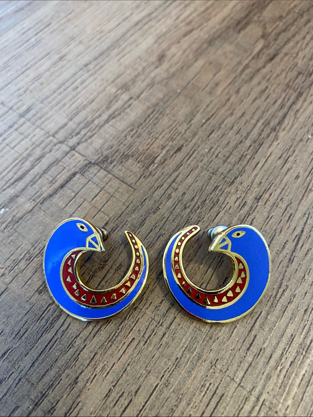 Laurel Burch Celine Blue and Red Bird Shaped Hoop Pierced Earrings